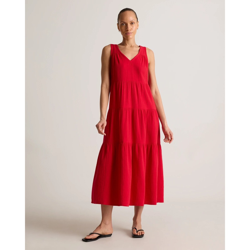 Quince Gauze Tiered Maxi Dress Women XL Red Organic Cotton V-Neck Sleeveless